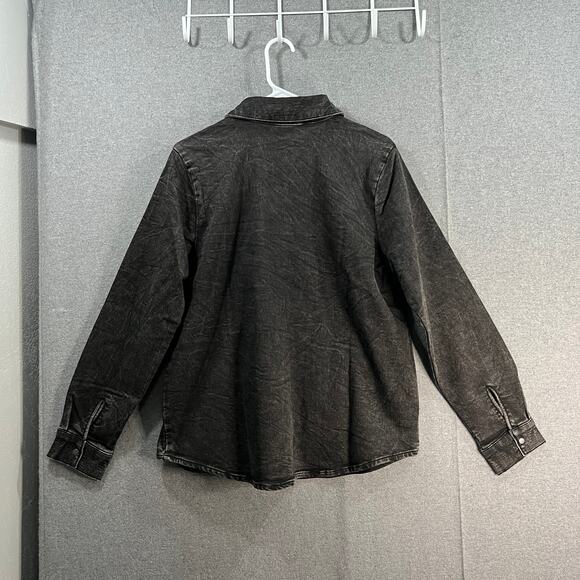 Denim & Co. Confy Knit Acid Wash Snap-Down Big Shirt Black Small - Picture 2 of 9